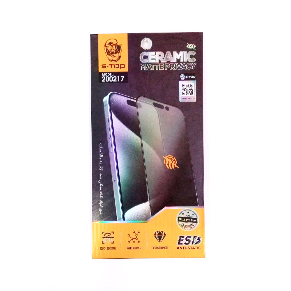 S-TOP Ceramic Matte Privacy Screen Protector | 200217 | IPhone 16 Pro Max (VD/LL/UV)
