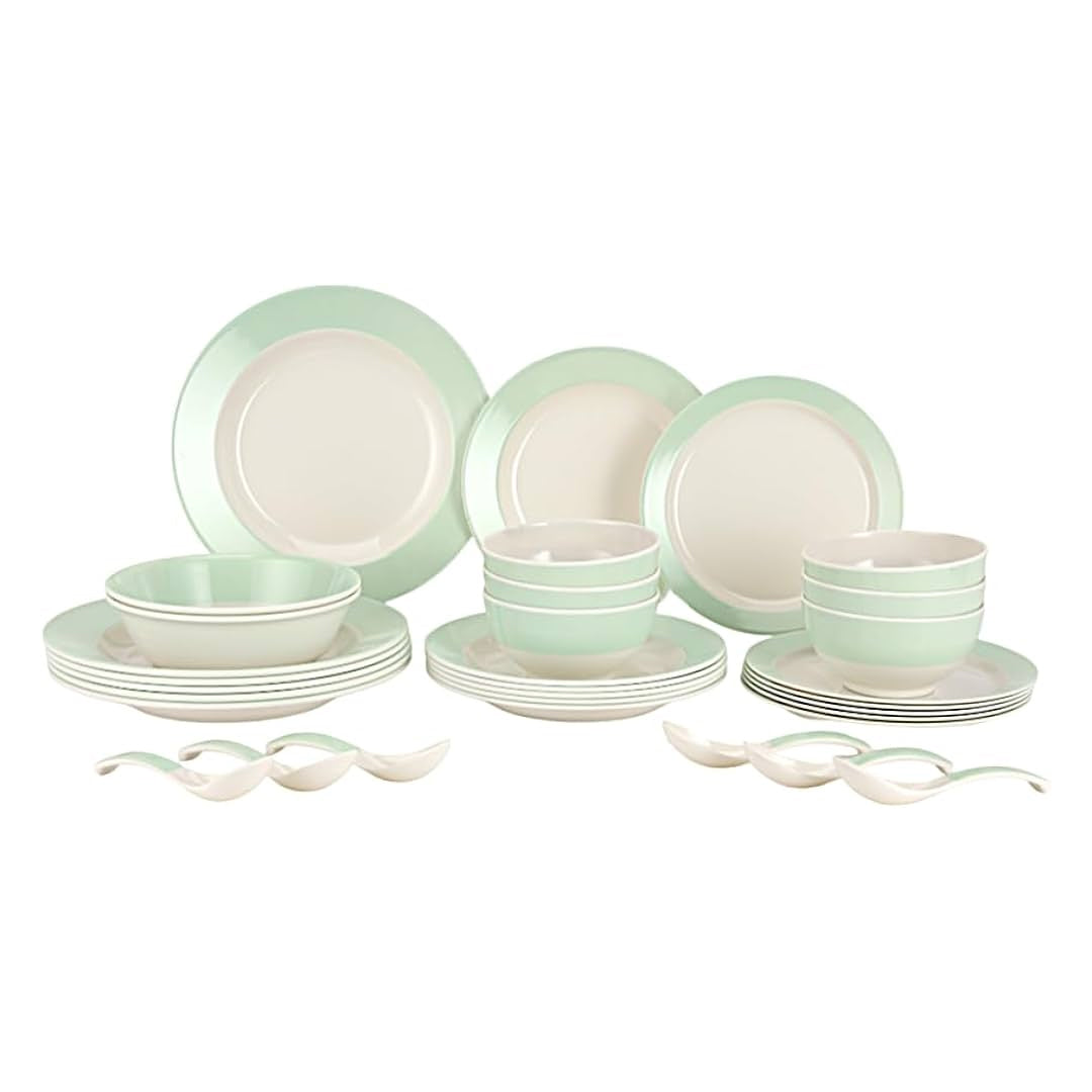 Royalford 32 Piece Melamineware Dinner Set Includes Deep and Side Plates, Serving and Rice Bowls and Soup Spoons/Dishwasher-Safe and Freezer-Friendly | B.6294016443614 (OSH-OOS-OOH)