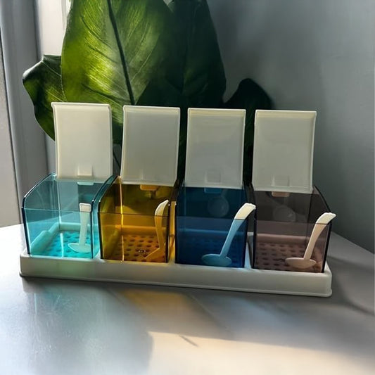 4Pcs Seasoning Set Acrylic Spice Dispenser Jar Salt Box Storage Container with Cover Spoon-Kitchen | B.6954120180057 (SI-OS-OO)