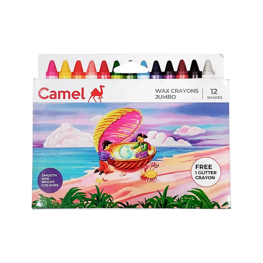 Camel Wax Crayons Jumbo 12 Shades Free 1 Glitter Crayons | B.8901425036976 (AN-AH-AM)